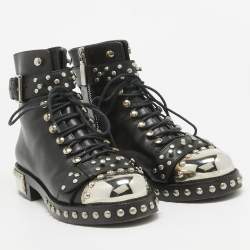 Pre Owned Alexander McQueen Black Leather Hobnail Boots Size 37