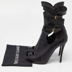 Pre Owned Alexander McQueen Black Leather Cut Out Peep Toe Ankle Boots Size 39.5