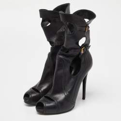 Pre Owned Alexander McQueen Black Leather Cut Out Peep Toe Ankle Boots Size 39.5