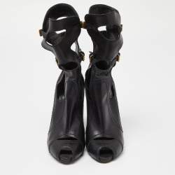 Pre Owned Alexander McQueen Black Leather Cut Out Peep Toe Ankle Boots Size 39.5