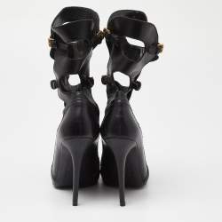 Pre Owned Alexander McQueen Black Leather Cut Out Peep Toe Ankle Boots Size 39.5