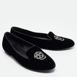 Pre Owned Alexander McQueen Black Velvet Skull Embroidered Smoking Slippers Size 36