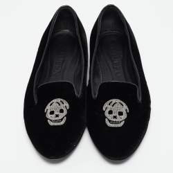 Pre Owned Alexander McQueen Black Velvet Skull Embroidered Smoking Slippers Size 36