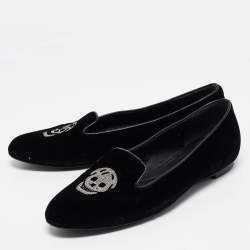 Pre Owned Alexander McQueen Black Velvet Skull Embroidered Smoking Slippers Size 36
