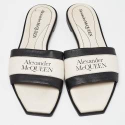 Alexander McQueen Ivory/Black Leather Flat Slides Size 37