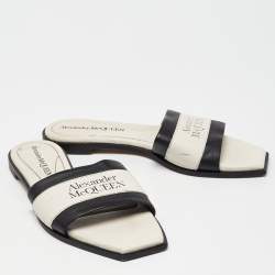 Alexander McQueen Ivory/Black Leather Flat Slides Size 37