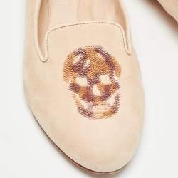 Pre Owned Alexander McQueen Peach Suede Skull Embroidered Smoking Slippers Size 36