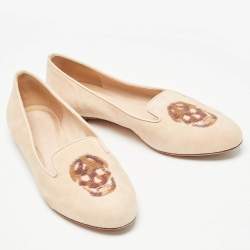 Pre Owned Alexander McQueen Peach Suede Skull Embroidered Smoking Slippers Size 36