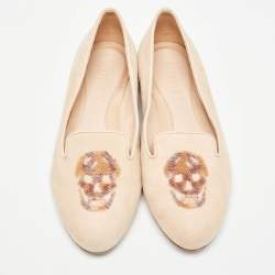 Pre Owned Alexander McQueen Peach Suede Skull Embroidered Smoking Slippers Size 36