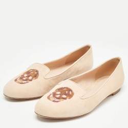 Pre Owned Alexander McQueen Peach Suede Skull Embroidered Smoking Slippers Size 36