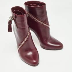 Pre Owned Alexander McQueen Burgundy Leather Spiral Zip Detail Ankle Boots Size 39