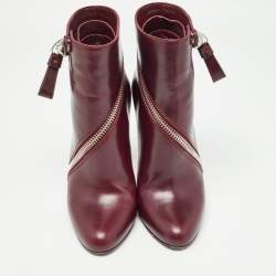 Pre Owned Alexander McQueen Burgundy Leather Spiral Zip Detail Ankle Boots Size 39