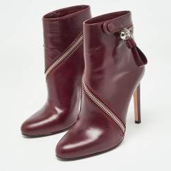 Pre Owned Alexander McQueen Burgundy Leather Spiral Zip Detail Ankle Boots Size 39