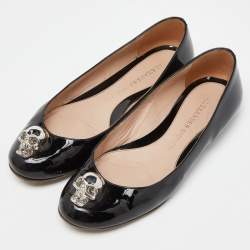 Pre Owned Alexander McQueen Black Patent Leather Skull City Ballet Flats Size 37.5