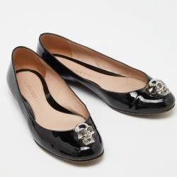 Pre Owned Alexander McQueen Black Patent Leather Skull City Ballet Flats Size 37.5