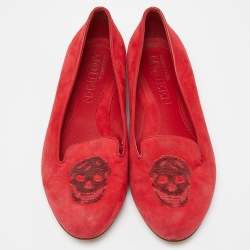 Alexander McQueen Red Suede Sequins Skull Smoking Slippers Size 37