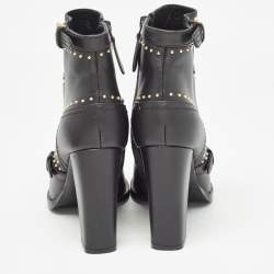 Pre Owned Alexander McQueen Black Leather Studded Buckle Ankle Boots Size 38.5