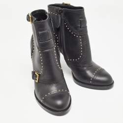 Pre Owned Alexander McQueen Black Leather Studded Buckle Ankle Boots Size 38.5
