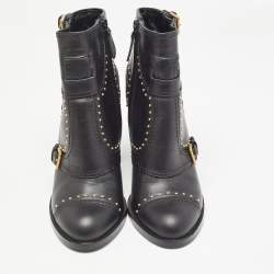 Pre Owned Alexander McQueen Black Leather Studded Buckle Ankle Boots Size 38.5