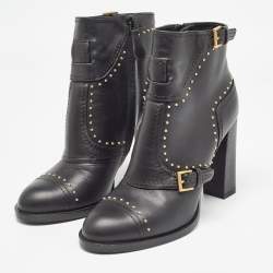 Pre Owned Alexander McQueen Black Leather Studded Buckle Ankle Boots Size 38.5