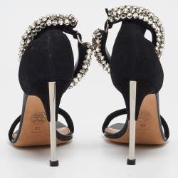 Alexander McQueen Black Suede Crystal Embellished Ankle Cuff Sandals Size 36