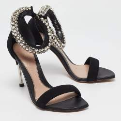 Alexander McQueen Black Suede Crystal Embellished Ankle Cuff Sandals Size 36