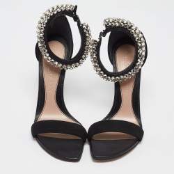 Alexander McQueen Black Suede Crystal Embellished Ankle Cuff Sandals Size 36