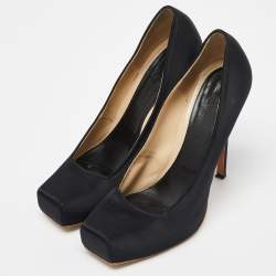 Pre Owned Alexander McQueen Black Satin Square Toe Platform Pumps Size 38.5