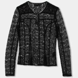 Alexander Wang Black Lace & Leather Trimmed Button Front Top S