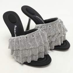 Alexander Wang Silver/Black Ruffled Detail Crystal and Fabric Nala Slide Sandals Size 37
