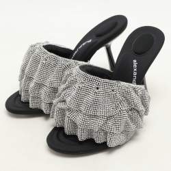 Alexander Wang Silver/Black Ruffled Detail Crystal and Fabric Nala Slide Sandals Size 37