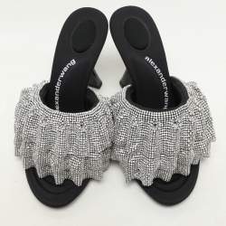 Alexander Wang Silver/Black Ruffled Detail Crystal and Fabric Nala Slide Sandals Size 37