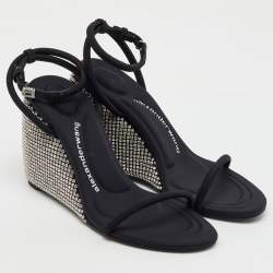 Alexander Wang Dahlia Black Satin Crystal Ankle Strap Wedge Sandals Size 37
