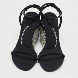 Alexander Wang Dahlia Black Satin Crystal Ankle Strap Wedge Sandals Size 37