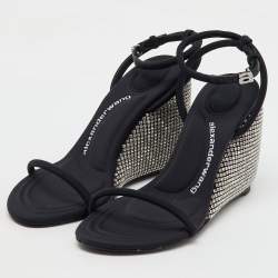 Alexander Wang Dahlia Black Satin Crystal Ankle Strap Wedge Sandals Size 37