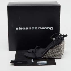 Alexander Wang Dahlia Black Satin Crystal Ankle Strap Wedge Sandals Size 37