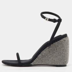 Alexander Wang Dahlia Black Satin Crystal Ankle Strap Wedge Sandals Size 37