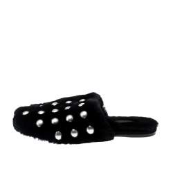 Alexander Wang Black Studded Fur Amelia Shearling Lined Flat Slides Size 41