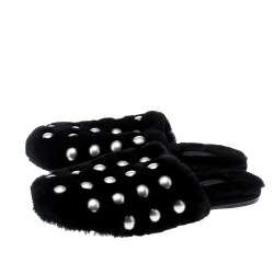 Alexander Wang Black Studded Fur Amelia Shearling Lined Flat Slides Size 41