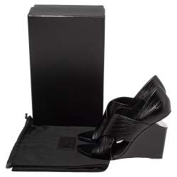 Alexander Wang Black Lizard Embossed Leather Cross Strap Wedge Sandals Size 39