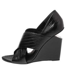 Alexander Wang Black Lizard Embossed Leather Cross Strap Wedge Sandals Size 39