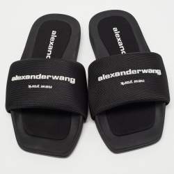 Pre Owned Alexander Wang Black Fabric Logo Flat Slides Size 35
