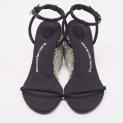 Alexander Wang Dahlia Black Satin Crystal Ankle Strap Wedge Sandals Size 38