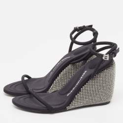 Alexander Wang Dahlia Black Satin Crystal Ankle Strap Wedge Sandals Size 38