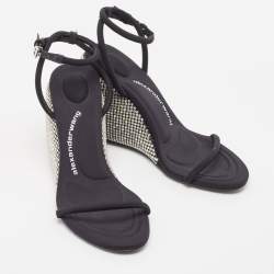 Alexander Wang Dahlia Black Satin Crystal Ankle Strap Wedge Sandals Size 38