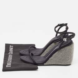 Alexander Wang Dahlia Black Satin Crystal Ankle Strap Wedge Sandals Size 38