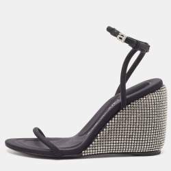 Alexander Wang Dahlia Black Satin Crystal Ankle Strap Wedge Sandals Size 38