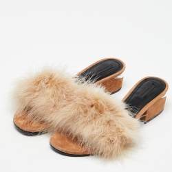 Alexander Wang Brown Fur Open Toe Block Heel Slide Sandals Size 41
