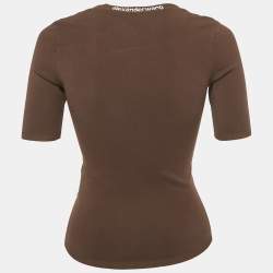 Pre Owned Alexander Wang.T Brown Logo Jacquard Neck Stretch Knit Top S