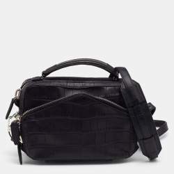 Alexander Wang Black Croc Embossed Leather Front Pocket Top Handle Bag 